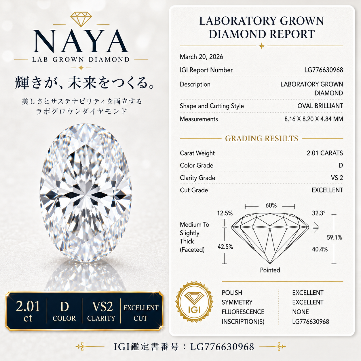 〖3.01ct / Dカラー VVS2〗ラボグロウンダイヤモンド ルース|オーバル|IGI鑑定書付き|IGI: LG776631848