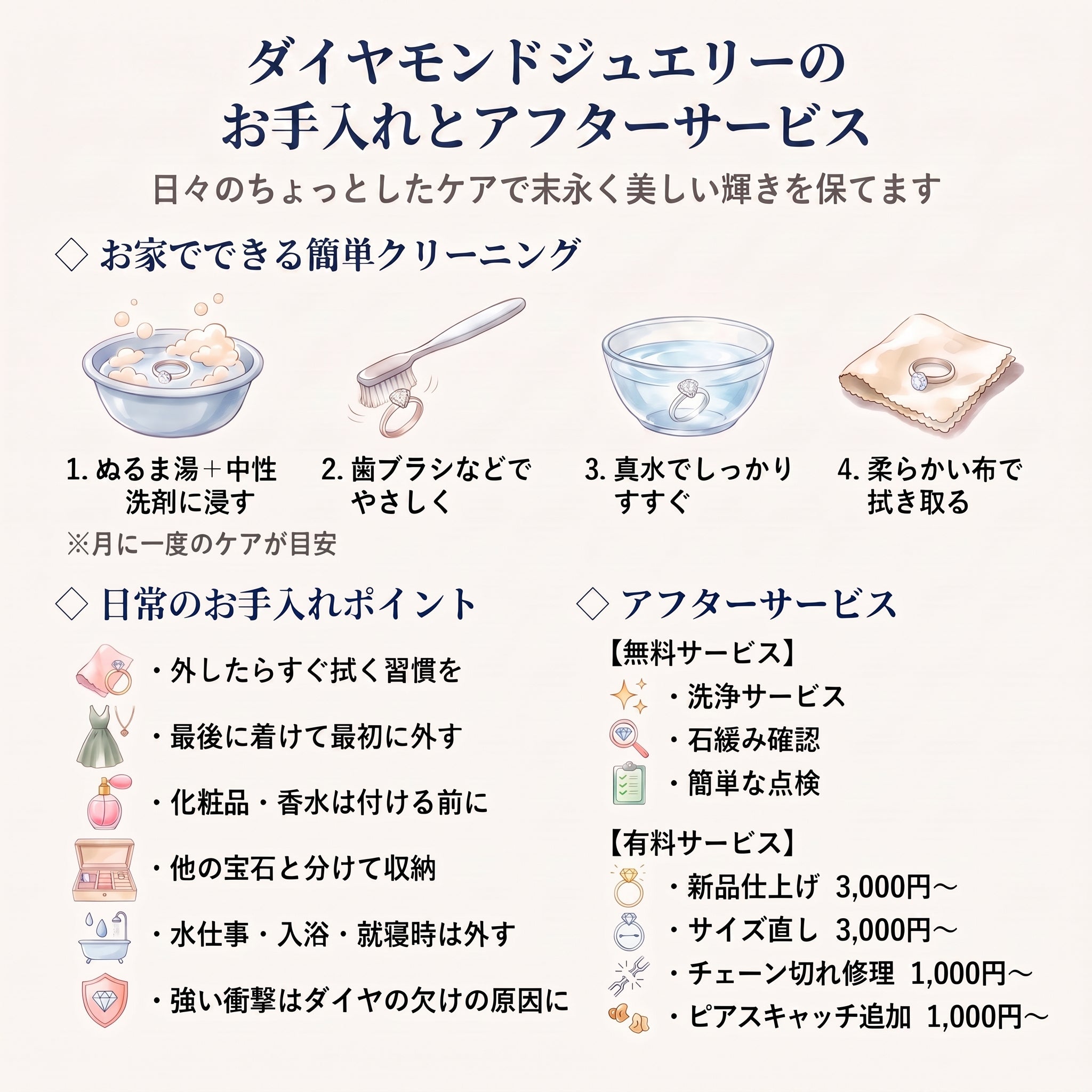 ダイヤモンドジュエリーのお手入れとアフターサービス