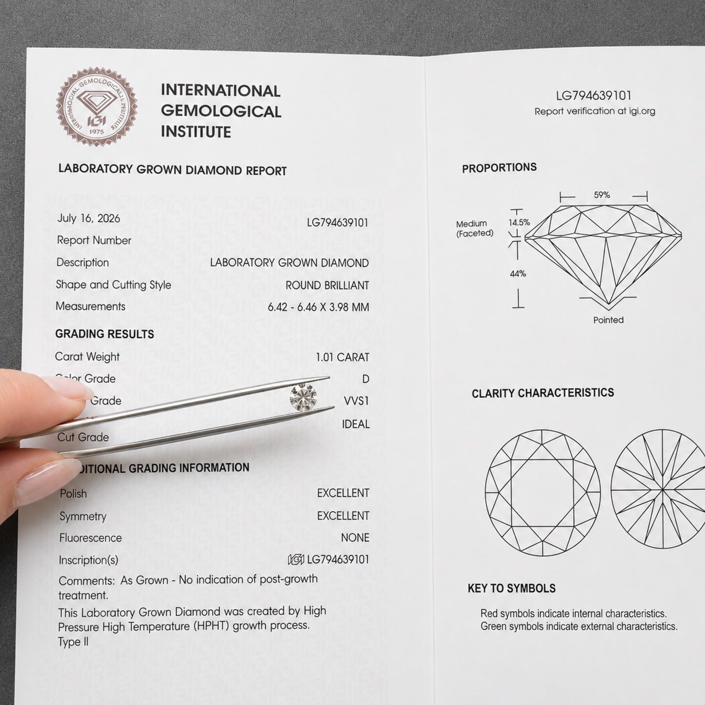 〖1.01ct / Dカラー VVS1/エクセレントカット〗ラボグロウンダイヤモンド ルース｜ラウンドブリリアント｜IGI鑑定書付き｜IGI: LG794639101
