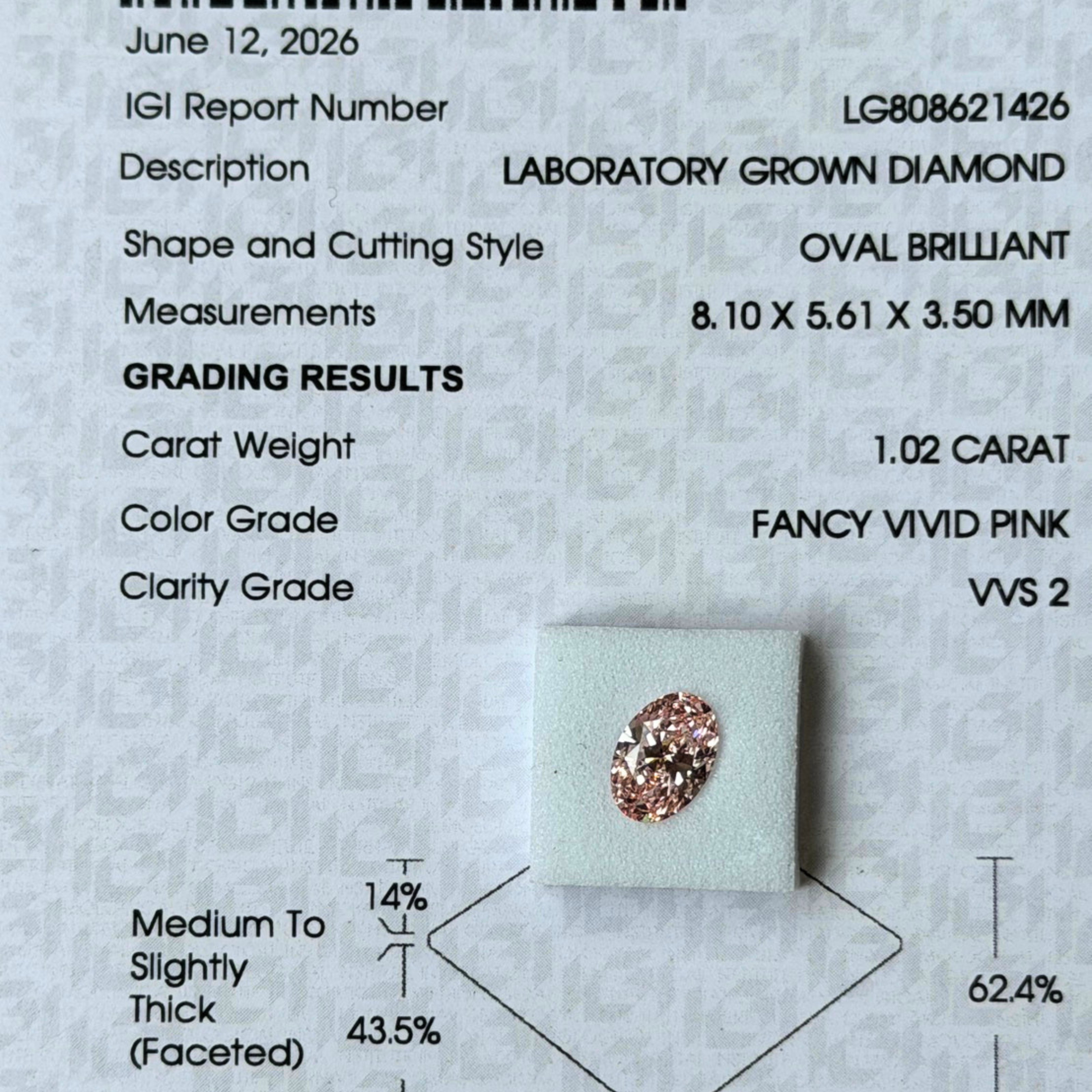 【お客様専用ページ】ラボグロウンダイヤモンド ルース｜オーバルブリリアント 1.02ct Fancy Vivid Pink VVS2 EX EX｜IGI鑑定書付き（LG808621426）