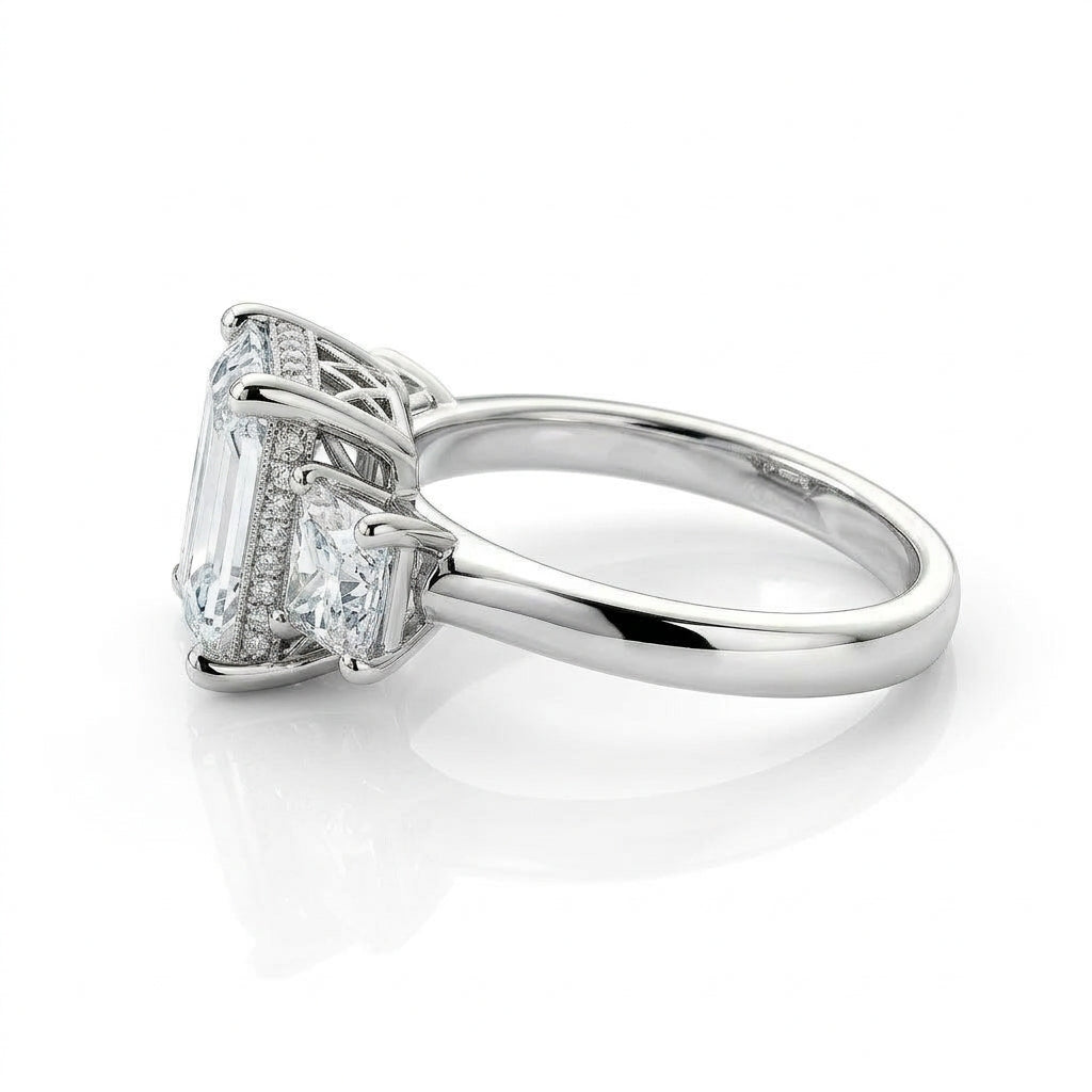 〖3ct / Eカラー VVS2〗ラボグロウンダイヤモンド リング｜プラチナ900｜エメラルドカット スリーストーン｜IGI鑑定書付き-オーダー制作