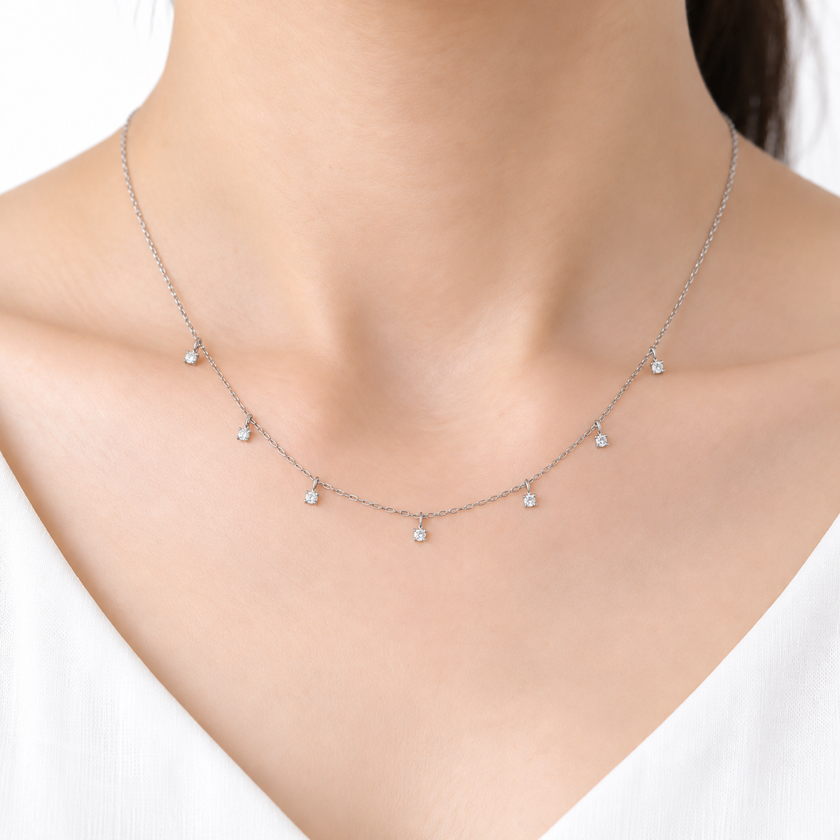 ダイヤモンドステーションネックレス〖0.1ct×7石 合計0.7ct〗ラボグロウンダイヤモンド｜プラチナPT900/PT850 / K18イエローゴールド｜Fカラー VS1 エクセレントカット｜鑑定書なし｜4本爪｜小豆ミラーカット45cm｜受注制作