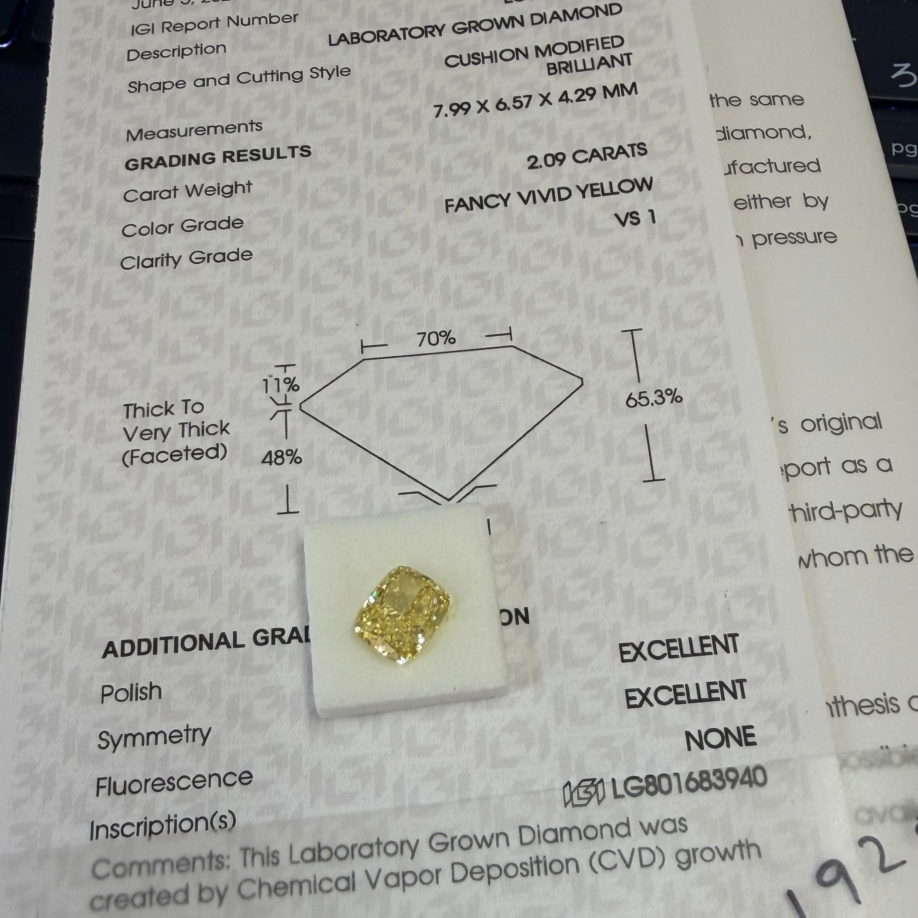 【お客様専用ページ】イエローダイヤモンド ヘイローリング オーダーメイド｜2.09ct Fancy Vivid Yellow VS1 クッション｜PT900 パヴェメレ取り巻き｜14.5号｜IGI鑑定書付き（LG801683940）