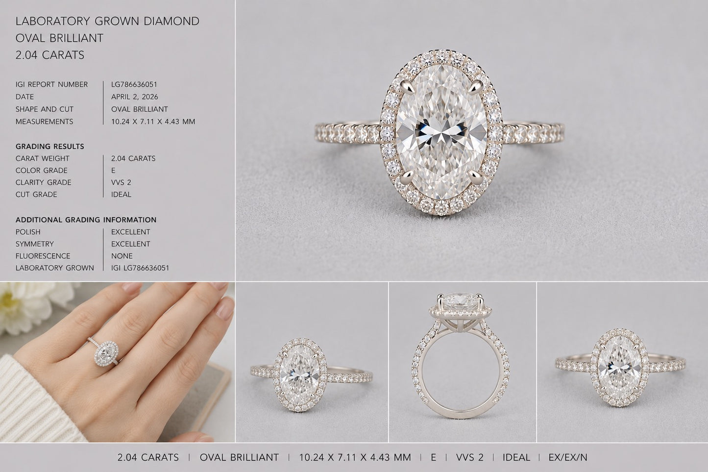 〖2.04ct / Eカラー VVS2〗ラボグロウンダイヤモンド リング｜プラチナ900｜オーバルブリリアント ヘイローリング｜IGI鑑定書付き