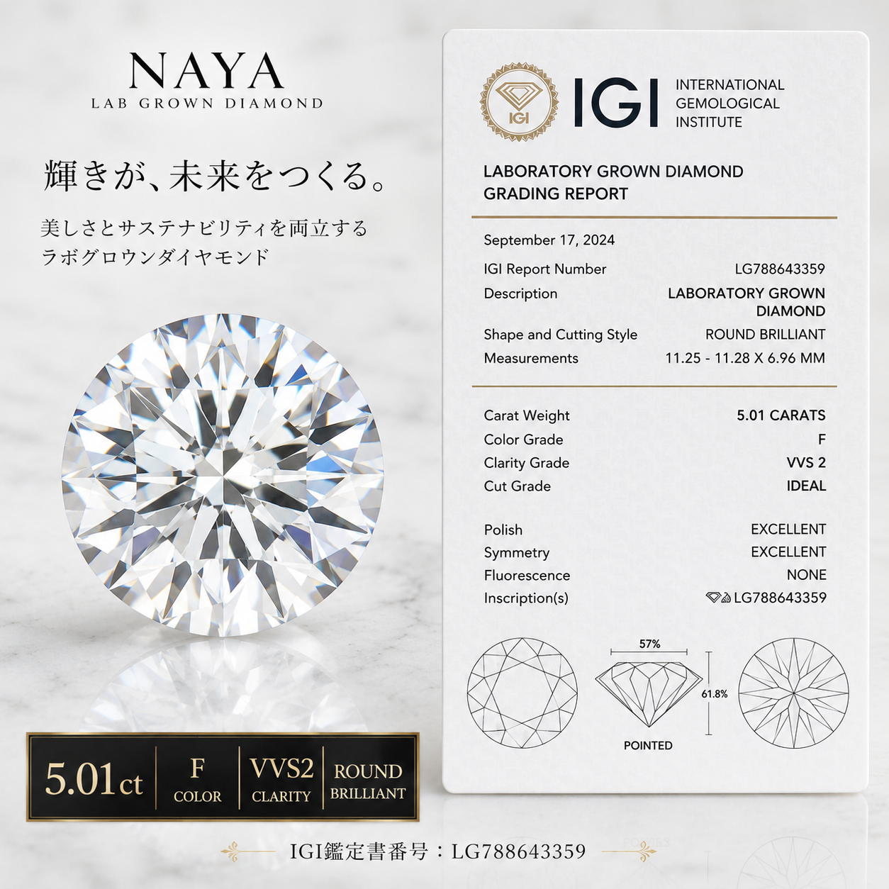 〖5.01ct / Fカラー VVS2〗ラボグロウンダイヤモンド ルース｜ラウンドブリリアント｜IGI鑑定書付き｜IGI: LG788643359